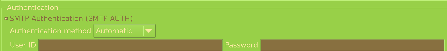 Showing the settings of the Send category, with SMTP authentication enabled with two empty fields