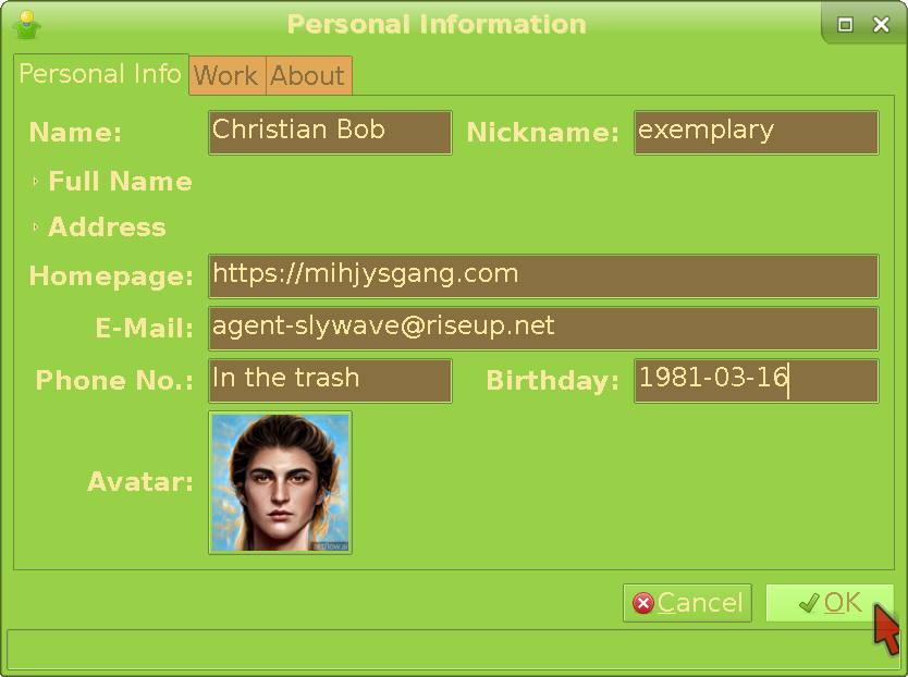 Filling in your personal information in Gajim