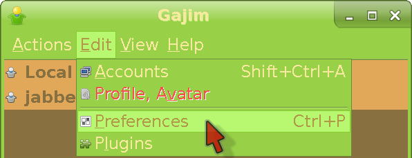 Entering the Preferences menu in Gajim