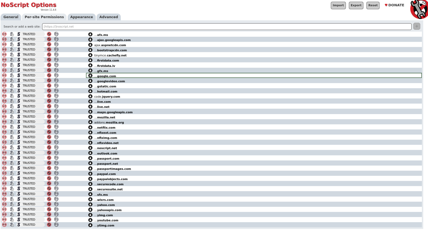 List of domains whitelisted by NoScript