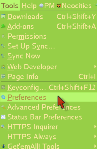 Entering Preferences menu in Pale Moon