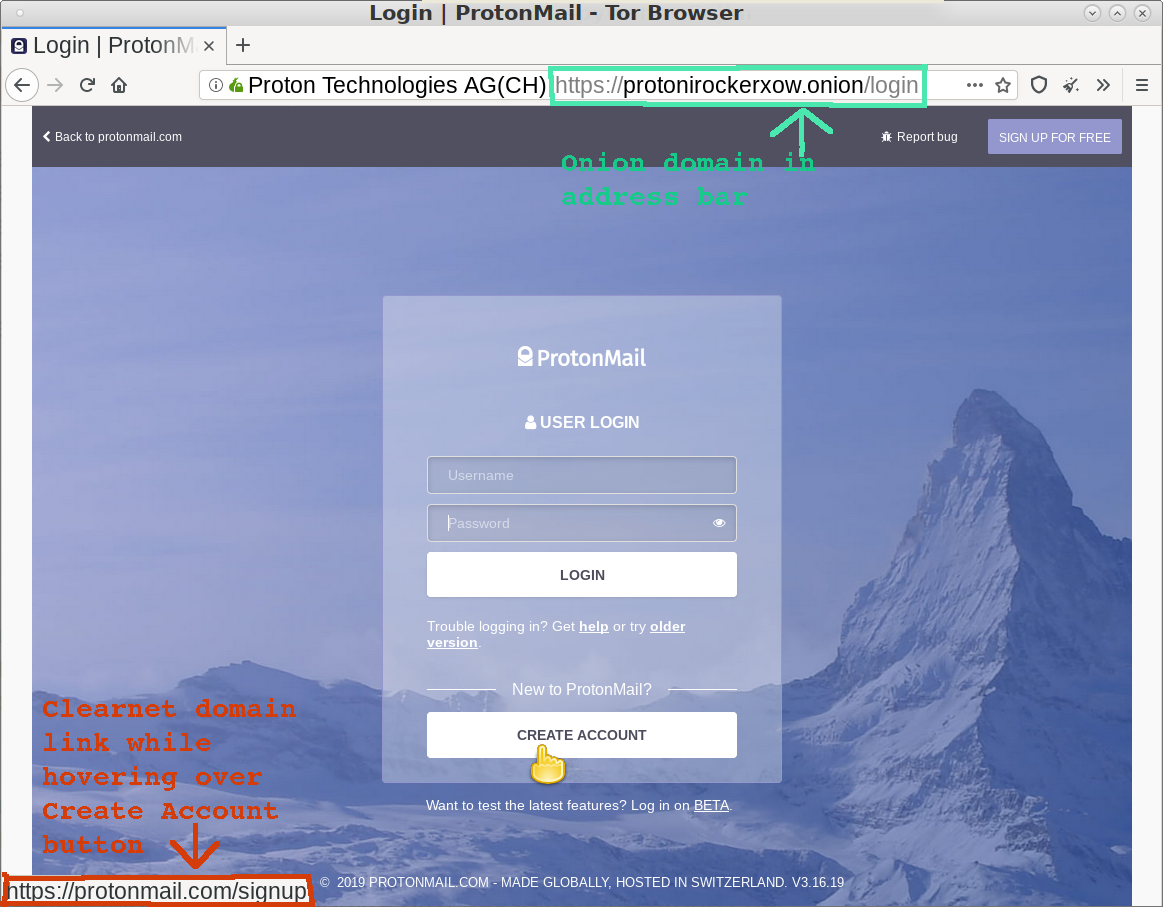 Showing ProtonMail redirecting their onion domain to clearnet