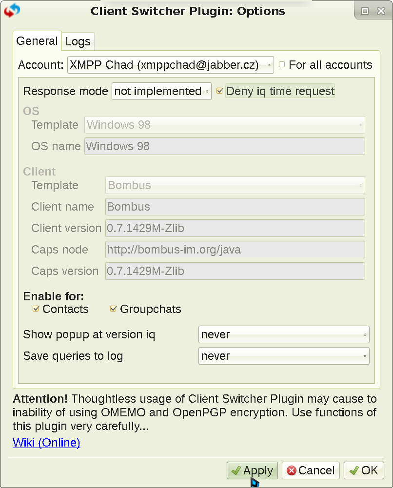 Showing Psi+ Client Switcher plugin settings that allow you to hide