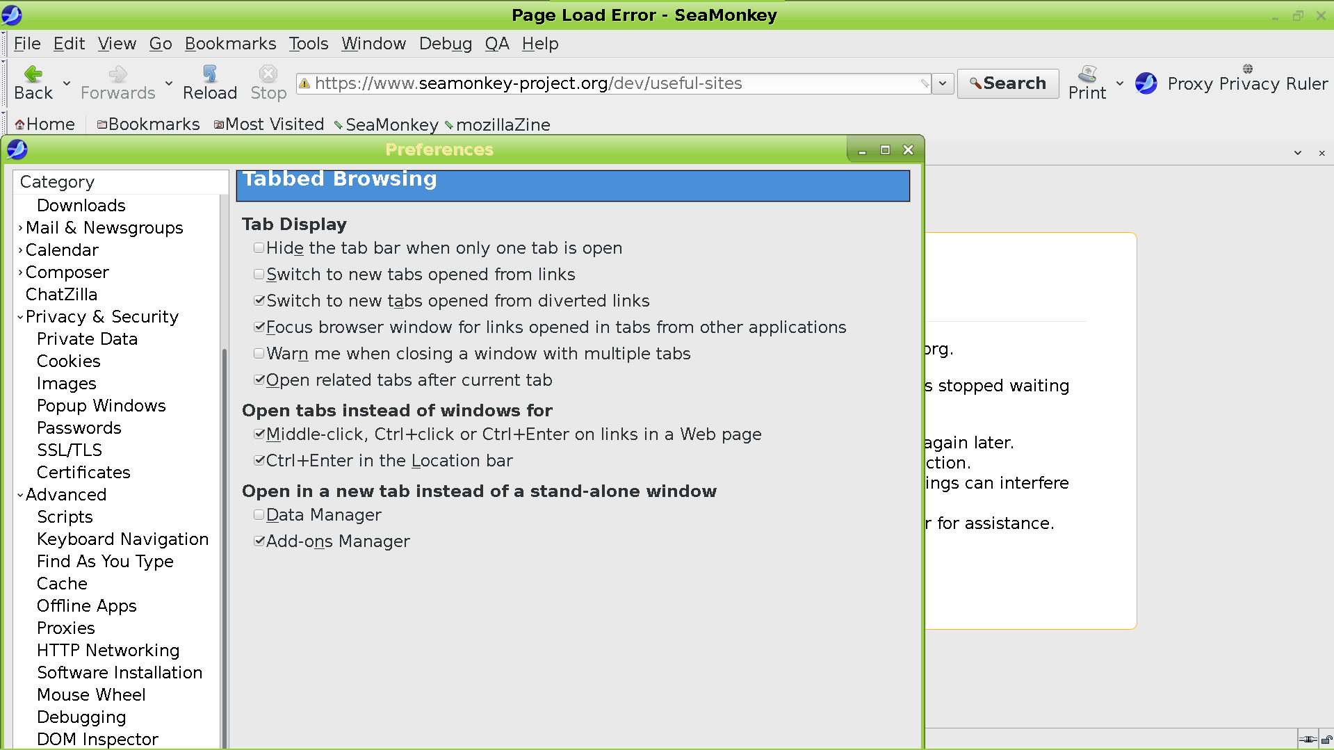 Showing the UI of SeaMonkey, including the Settings menu