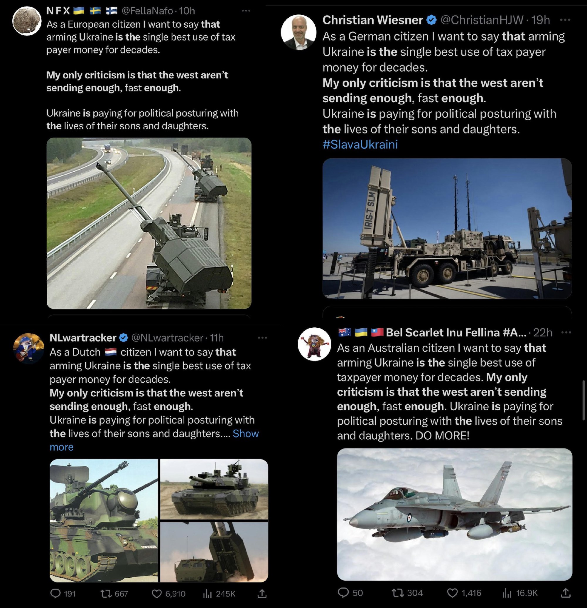 Combined image of four twitter posts saying the exact same thing, trying to justify the sending of weapons to Ukraine, from different accounts 