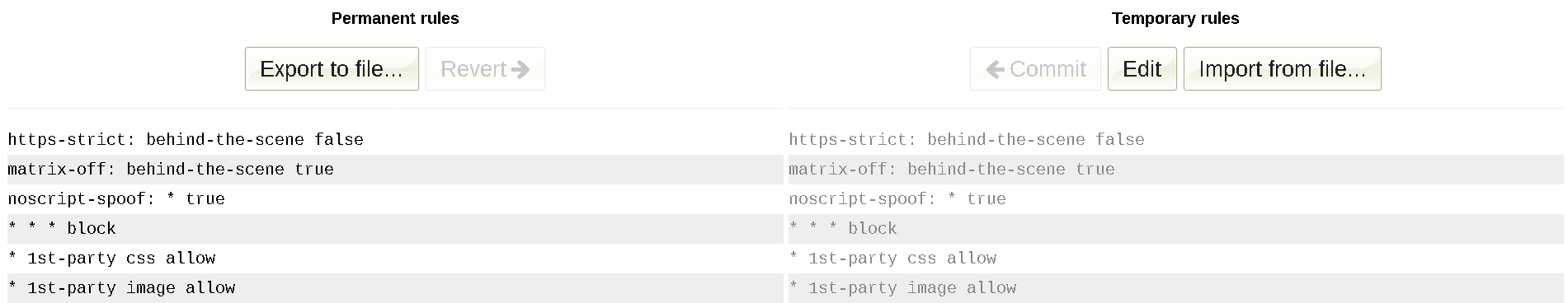 uMatrix grid screen allowing only first-party CSS and images